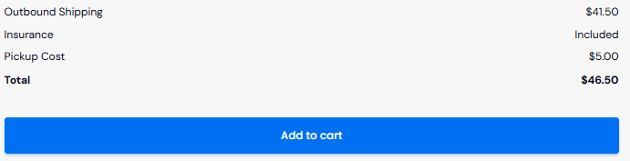 Ship My Clubs screen shot showing shipping price, insurance cost, pickup cost and total cost with add to cart button