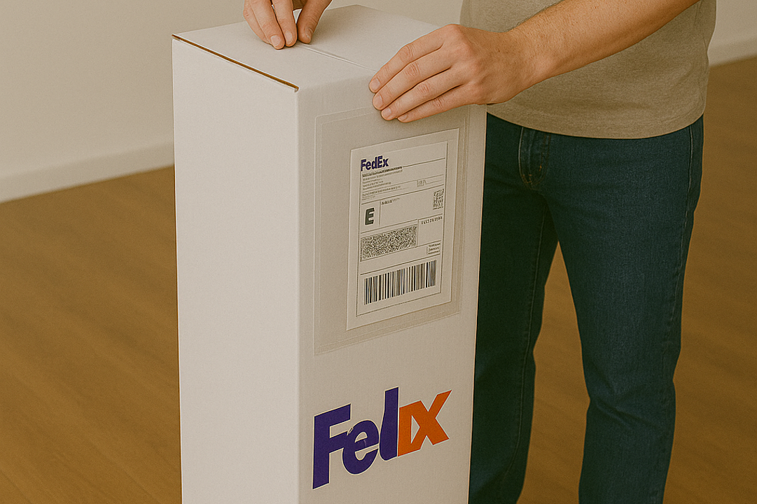 Person closing up FedEx box after placing golf clubs in the box
