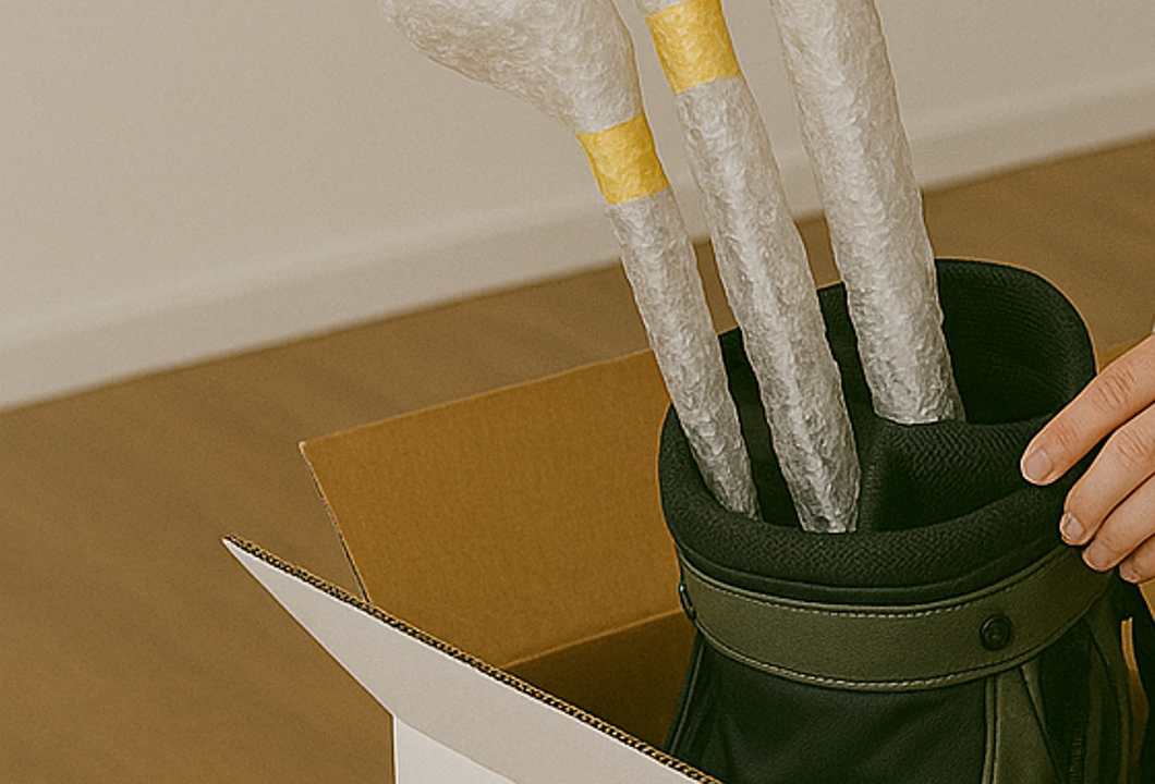 Person placing individually wrapped golf clubs into golf bag and into shipping box