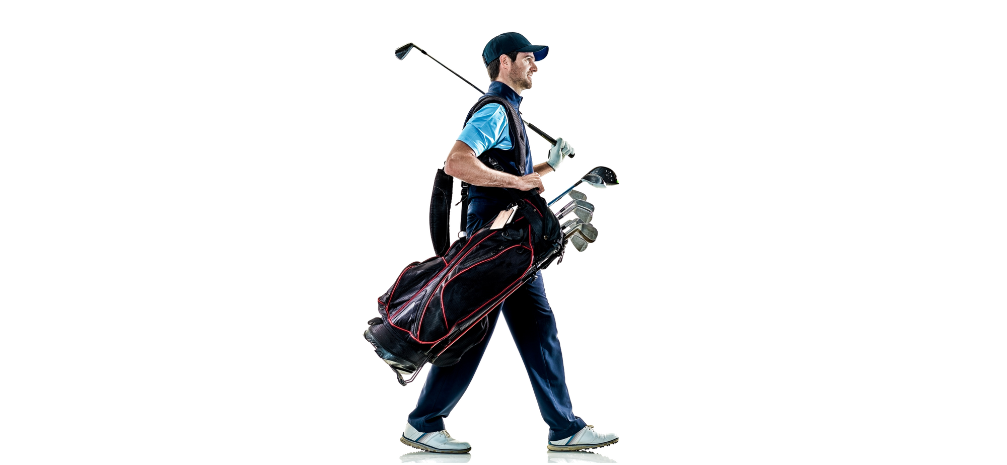 Golfer walking with golf bag and clubs on a white background