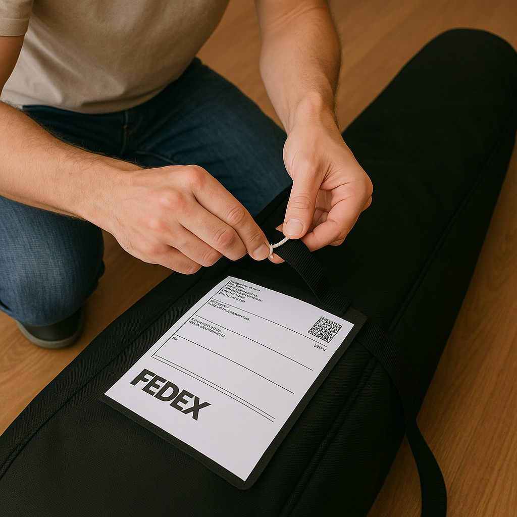 Person preparing a package with a FedEx label on a wooden floor.