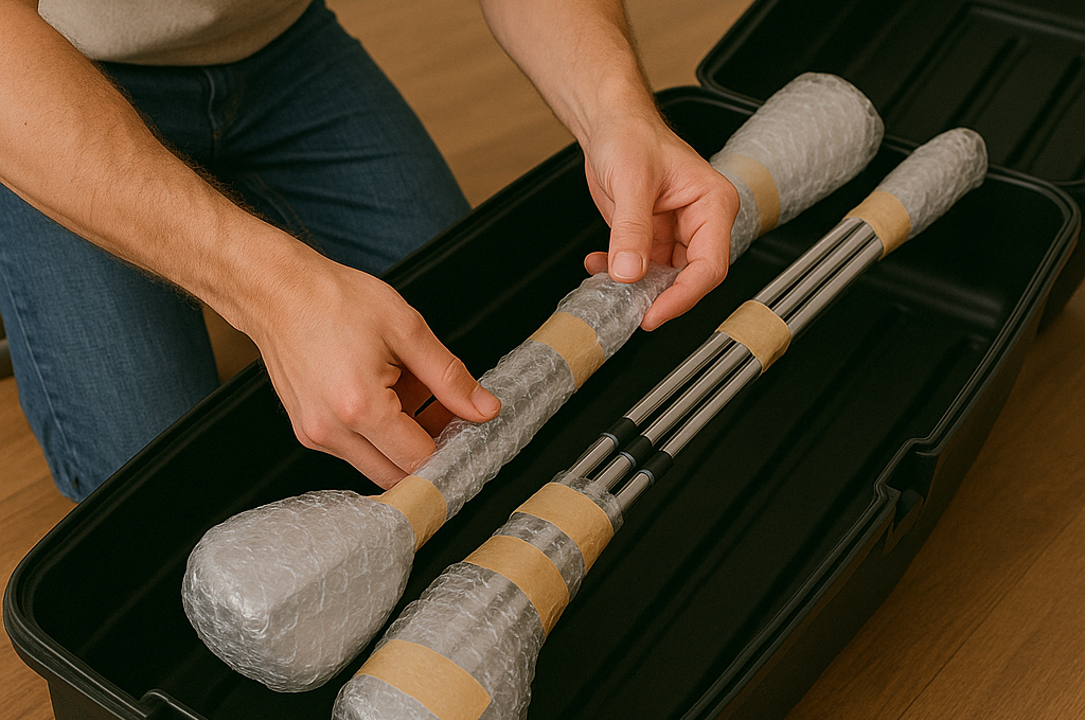 Person holding two large, wrapped objects next to a black case on a wooden floor.
