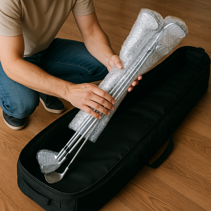Person handling golf clubs wrapped in bubble wrap inside a black case on a wooden floor.