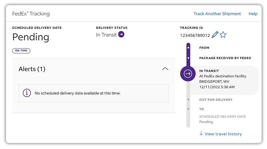 FedEx tracking page with pending delivery status and package details.